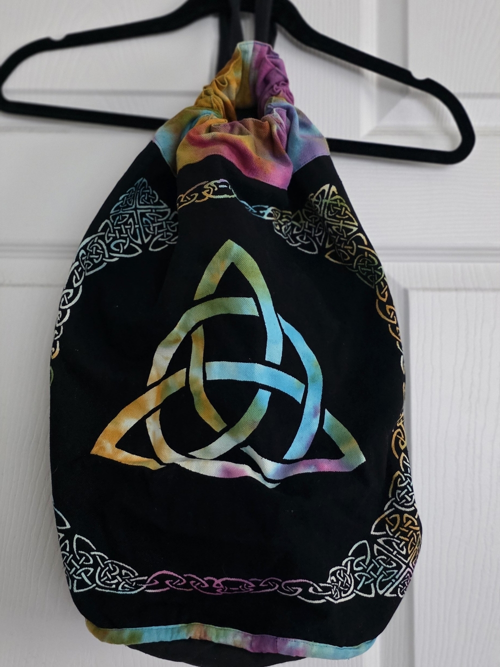 Black Drawstring Backpack Bag with Rainbow Celtic Knot Design